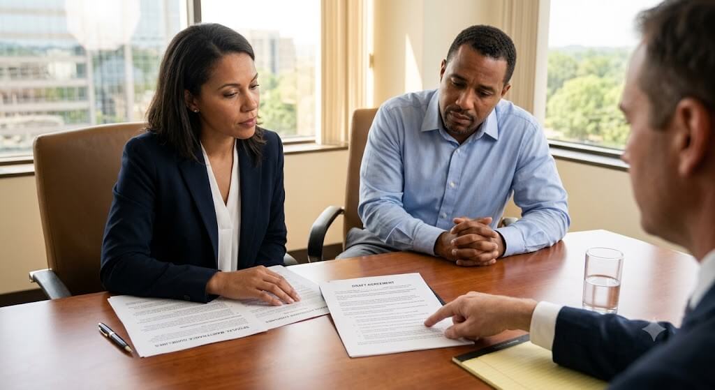 A diverse couple sits at a law office conference table reviewing spousal maintenance and divorce documents with a male paralegal in a dark suit pointing to a section.
